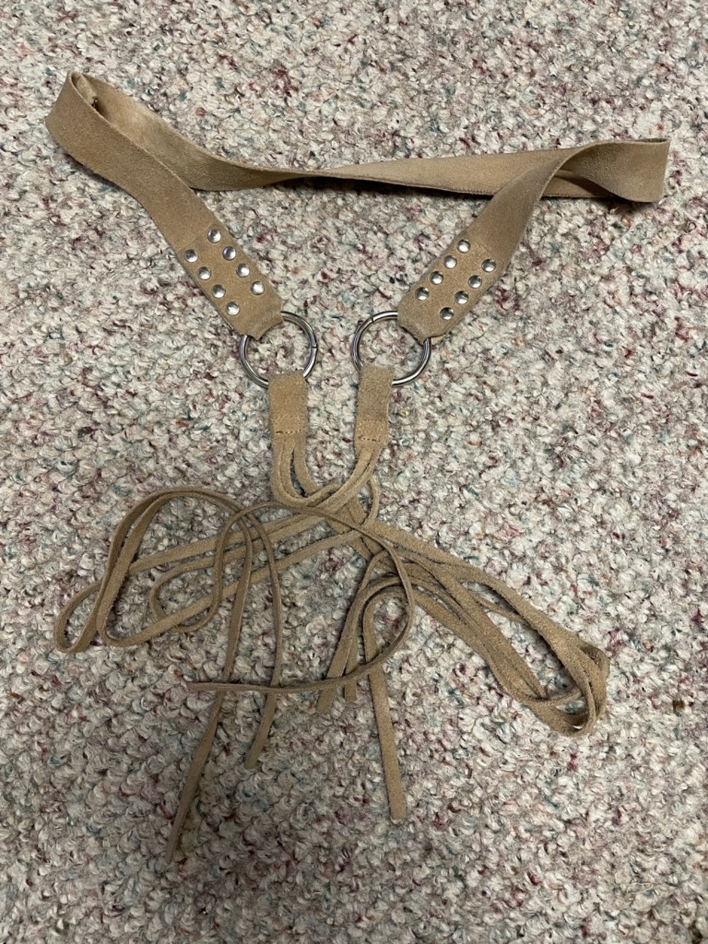 Vintage Tan Suede metal studded/ring Fringe Harness Belt